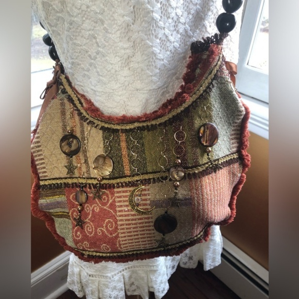 Handmade Boho hippy Fringe Bag with new & recycled fabric kukiu nuts,moon,stars - Picture 4 of 17